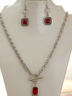 Avens Turkish Antique Silver-Tone Necklace and Earrings Set with Red Stones